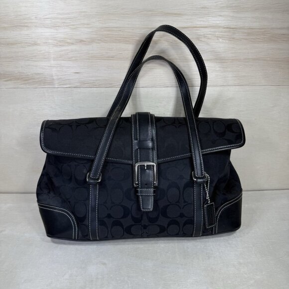 Euc Vintage Coach Signature C's Black Canvas & Leather Handbag Tote Bag Purse - Picture 1 of 11